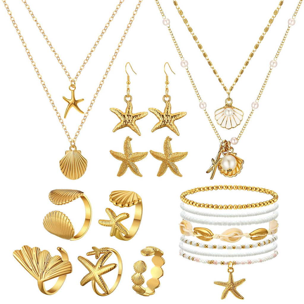 18 Pcs Seashell Starfish Jewelry Set for Women Seashell Earrings Rings Boho Mermaid Layer Charm Necklace Beach Bracelets Natural White Anklet Set for Summer Mermaid Accessories Gift(Gold,Shell)