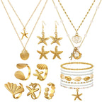 18 Pcs Seashell Starfish Jewelry Set for Women Seashell Earrings Rings Boho Mermaid Layer Charm Necklace Beach Bracelets Natural White Anklet Set for Summer Mermaid Accessories Gift(Gold,Shell)