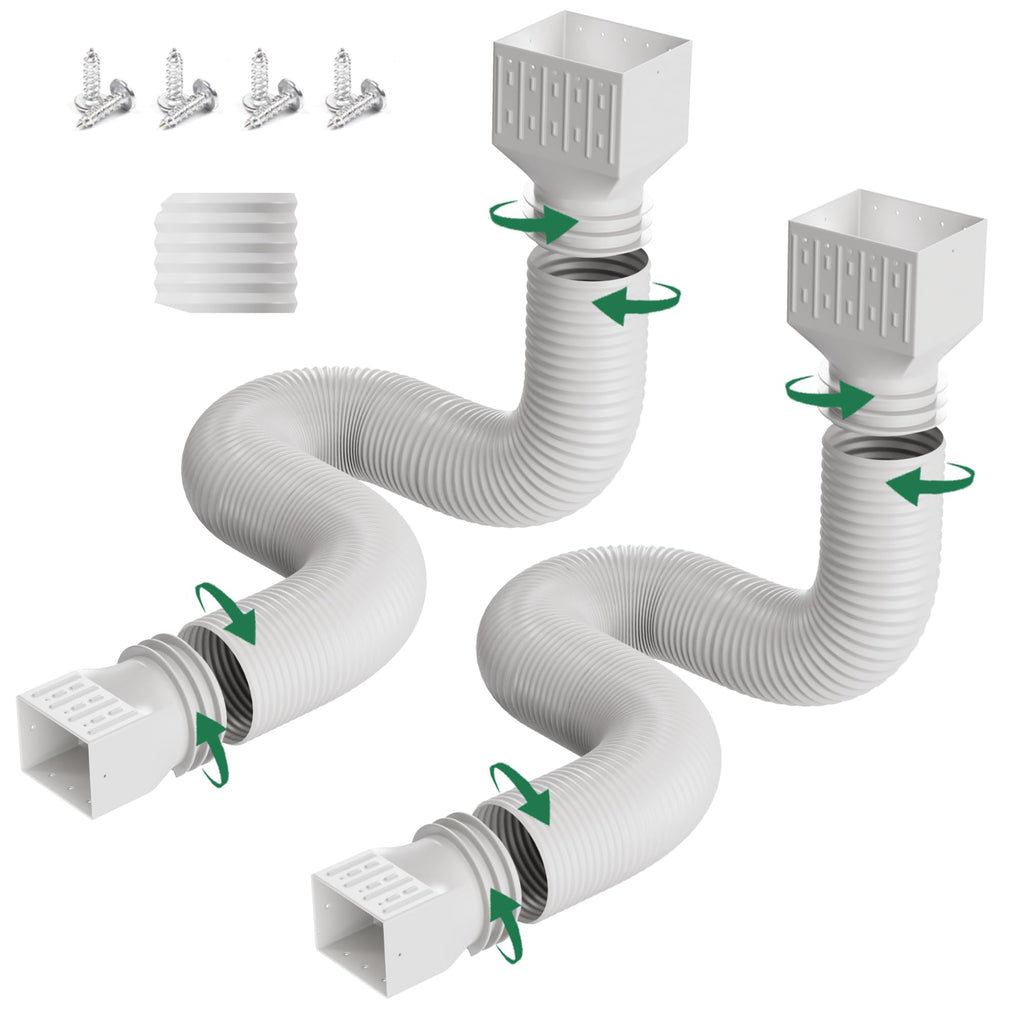 2 Pack Rain Gutter Downspout Extensions, Upgraded Flexible Drain Down Spout Extender for Rain Water Drainage, Each Extendable from 20" to 66", Combine to 10 ft with Connector(White)