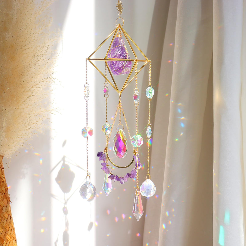 Amethyst Crystal Suncatcher - Hanging Gold Plated Garden Sun Catcher