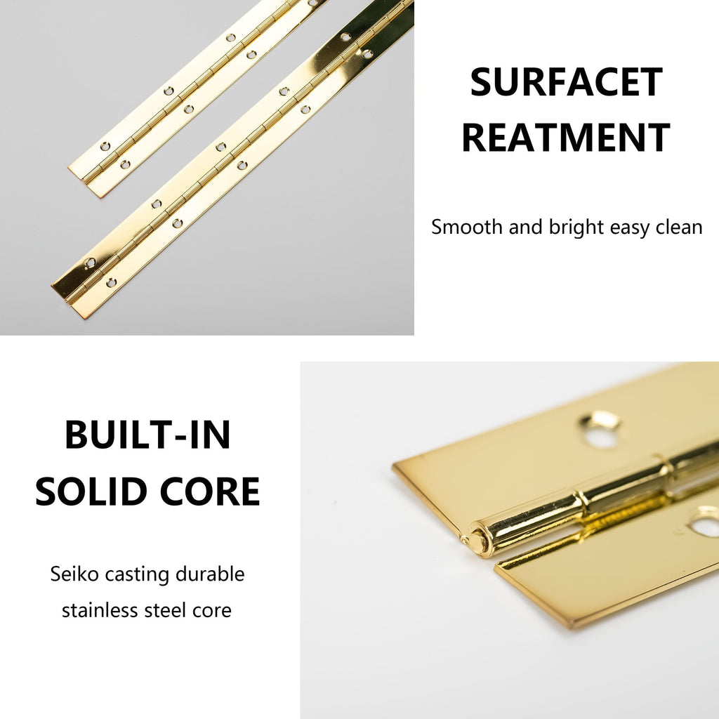 YHNTGB 4 PCS 12 Inch Stainless Steel Piano Hinge Heavy Duty with 48pcs Screws for Cabinets Boat Marine Door DIY Woodworking Storage Box Hatche Furniture Hardware Golden