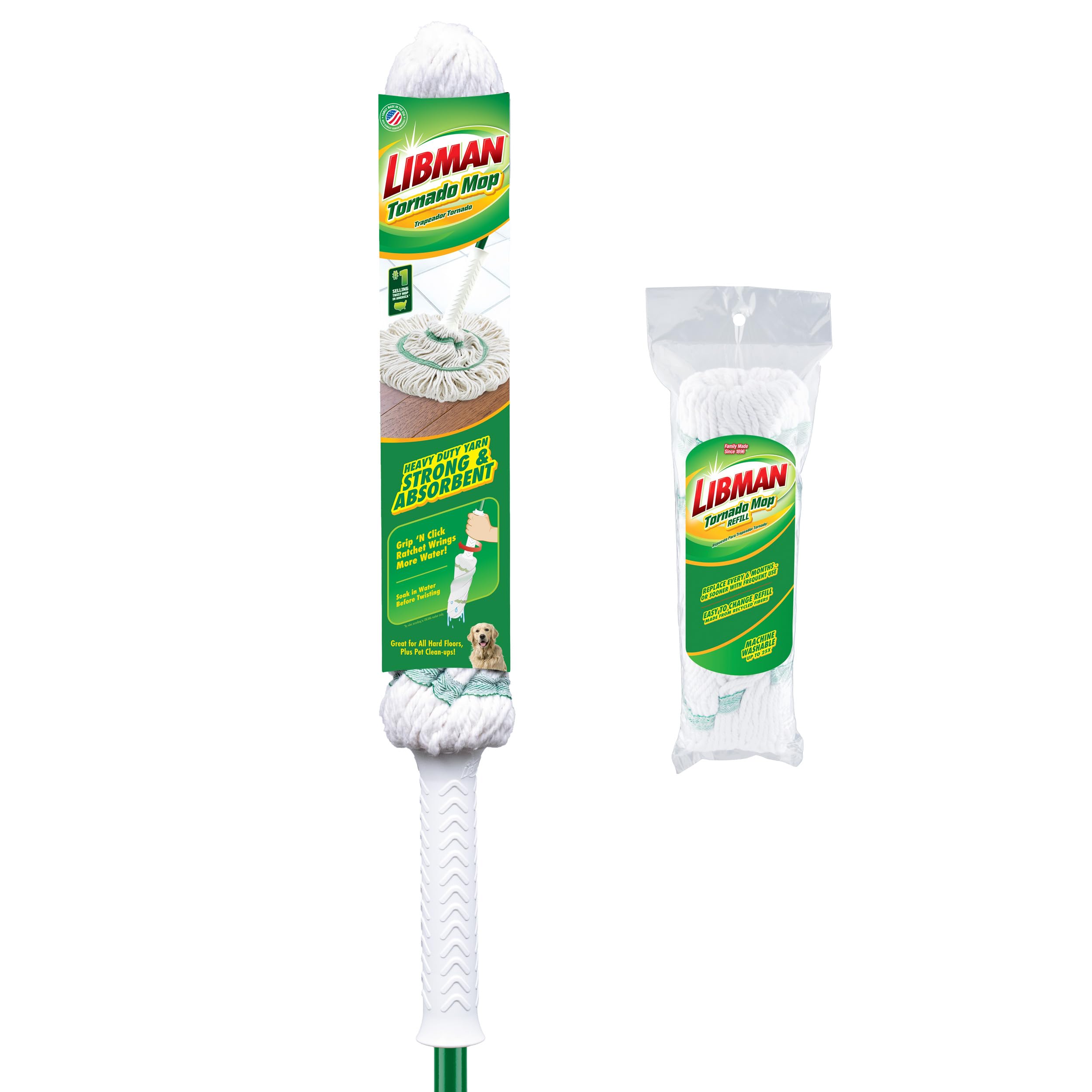 Libman Tornado Mop with 1 Refill | Self Wringing | Cotton Head | Twist Mop | Machine Washable | 2 Total Self Wring Mop Heads