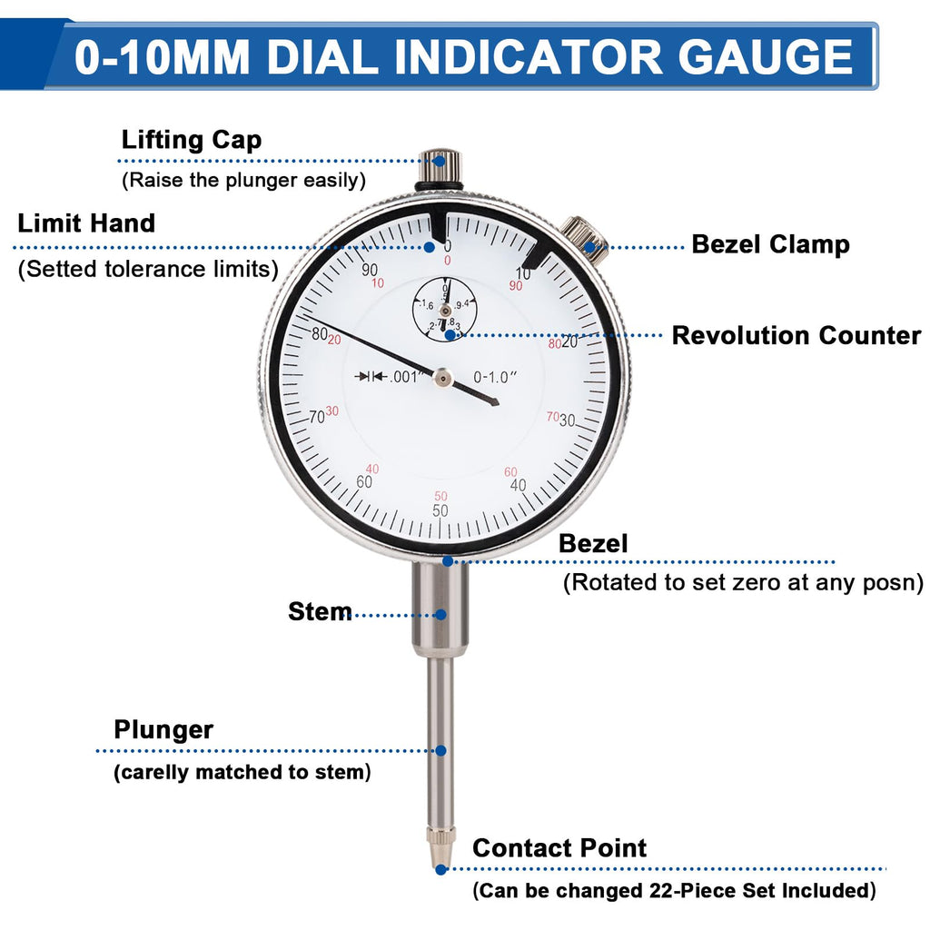 Rpeconu Dial Indicator with Magnetic Base, 0-1"×0.001" Precision Dial Test Indicator Set, Adjustable Long Arm Magnetic Dial Indicator Base Holder for Workshop, Lab & Mold Making