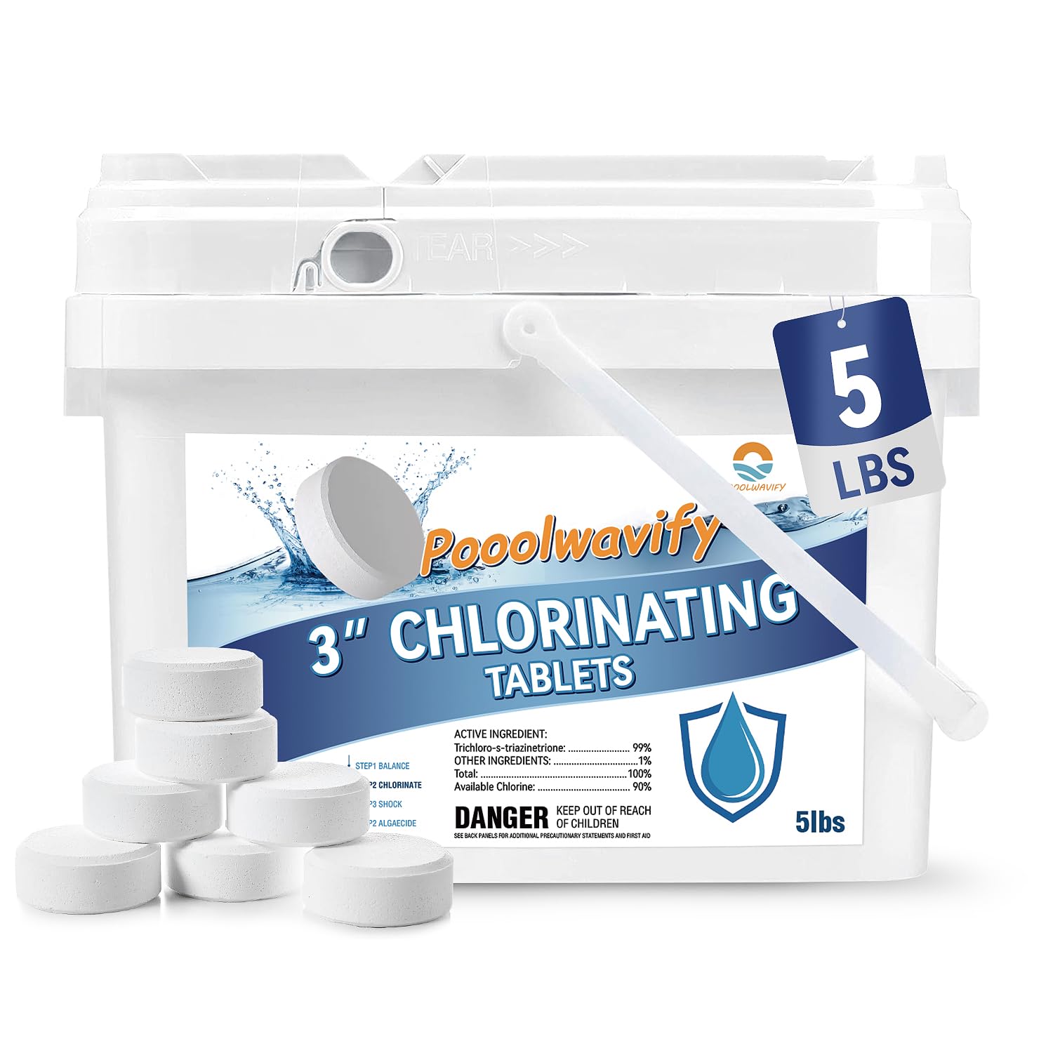 3 Inch Chlorine Tablets for Swimming Pools & Spas | 90% Available Chlorine Trichlor Pool Tablets | Long-Lasting Slow Dissolving Sanitizer for Clean & Clear Water (3inch-5Lbs)