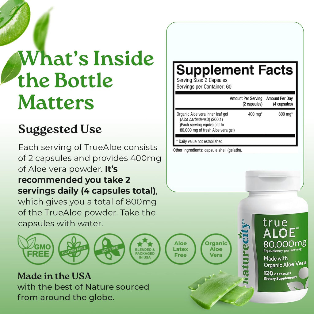 NatureCity True-Aloe Gut Health Support – 80,000mg Aloe Vera Gel Equivalent Per Serving – Organic Aloe Vera (120 Capsules) for Digestive, Skin & Joint Support | Small Easy-to-Swallow Pills