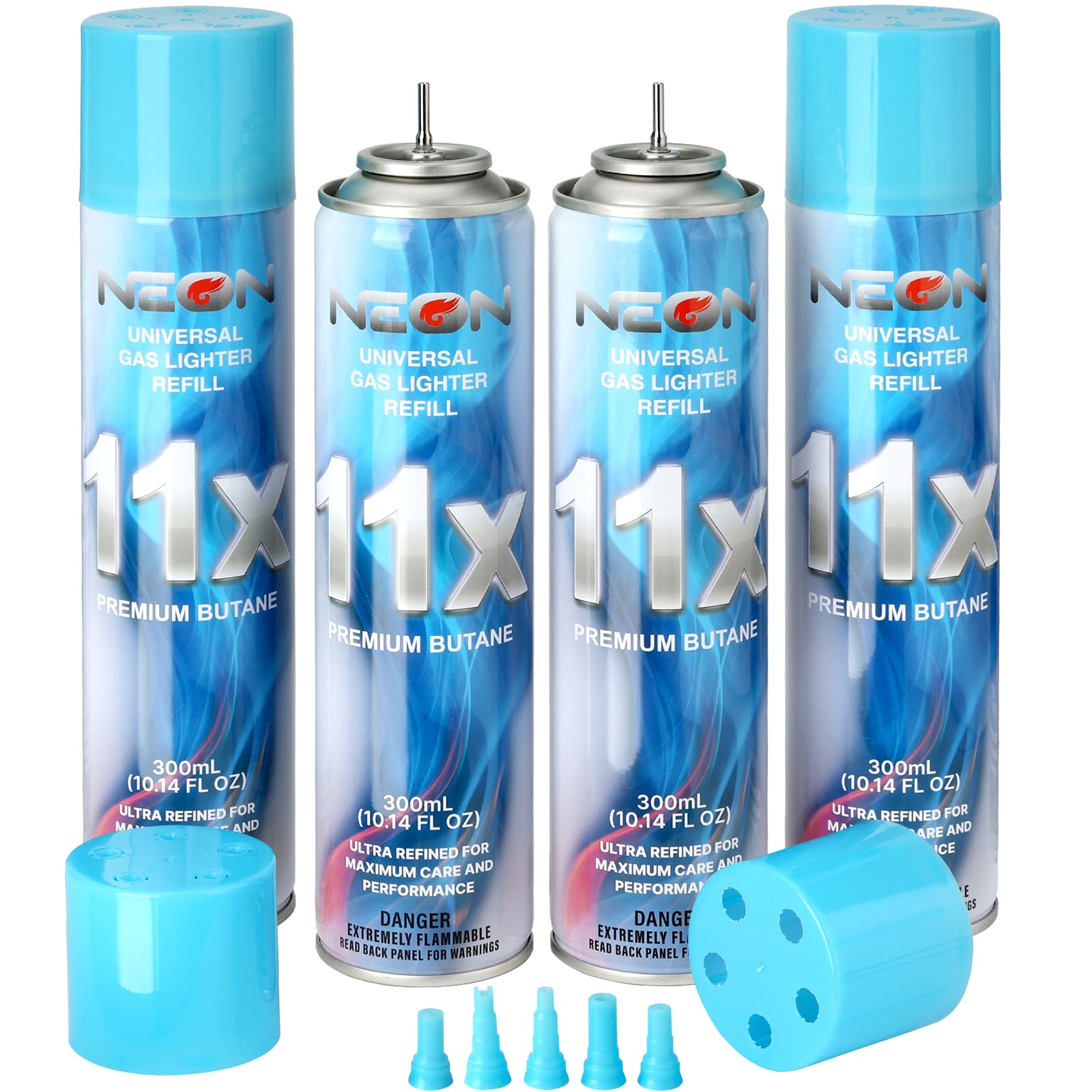 NEON Butane Refill, 11X Ultra-Refined Butane Fuel, 300ml Premium Lighter Fluid with Metal Nozzle & 5 Butane Gas Refill Adapters for Refillable Jet Flame Lighters, Torches, and Culinary Use, 4 Cans
