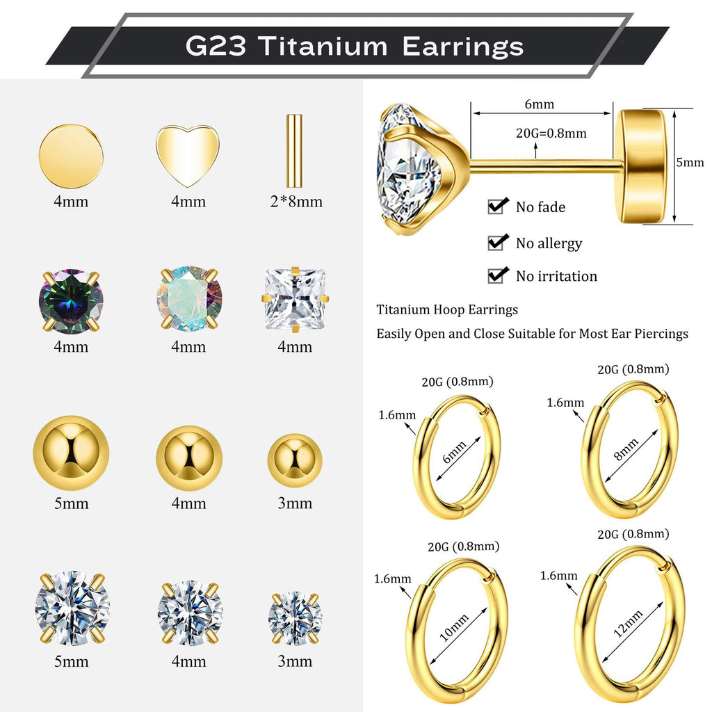 Hypoallergenic Titanium Earrings for Sensitive Ears 14K Gold Plated Opal Ball CZ Heart Flat Back Earrings for Women Men Small Surgical Steel Flatback Stud Hoop Cartilage Earring Set for Multiple Piercing (D-Gold Tone-16Pairs)