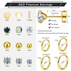 Hypoallergenic Titanium Earrings for Sensitive Ears 14K Gold Plated Opal Ball CZ Heart Flat Back Earrings for Women Men Small Surgical Steel Flatback Stud Hoop Cartilage Earring Set for Multiple Piercing (D-Gold Tone-16Pairs)