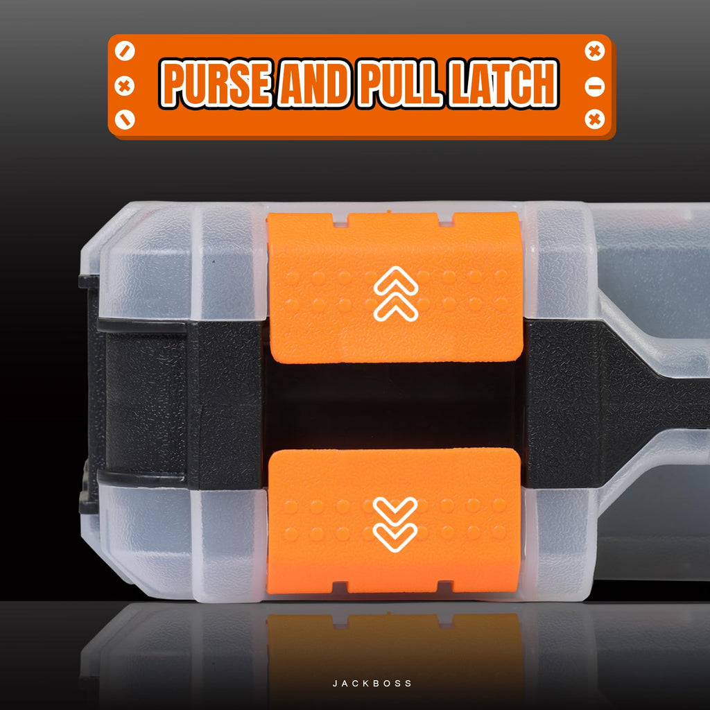 Jack Boss Tool Box with Transparent Lid, Double Side 34-Compartments Organizer Box with Removable Dividers for Hardware, Screws, Bolts, Nails, Beads, Jewelry and Fishing Accessories, Orange, 1 Pack