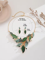 Mycitta Vintage Chunky Statement Jewelry Set 14k Gold Plated Retro Spring Green Leaf Floral Bohemian Boho Bib Necklace Earring Set Fashion Jewelry for Women Wedding Party Prom Unique Gift