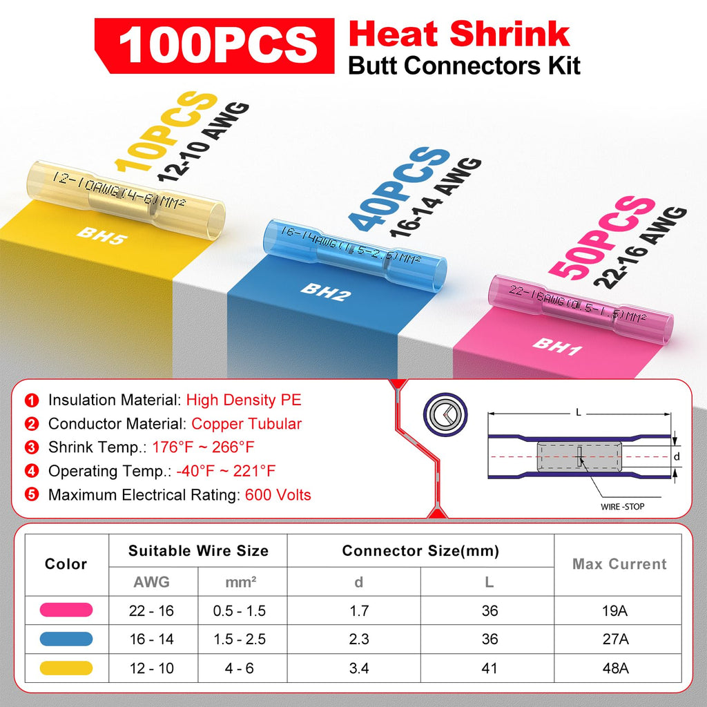 Heat Shrink Wire Butt Connector Kit Marine Waterproof Crimp Splice Terminal