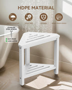 Shower Foot Rest 15in, HDPE Waterproof Shower Stool for Inside Shower, Corner Shower Stool for Shaving Legs with Storage Shelf for Small Space, Shower Step Stool, Plastic Corner Shower Bench, White