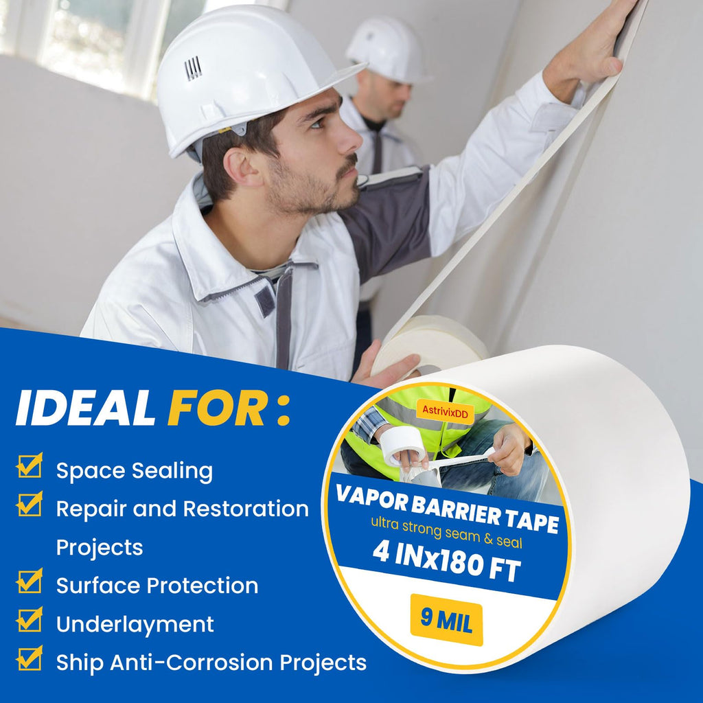 AstrivixDD 3 Rolls Vapor Barrier Tape, White Moisture Barrier Tape for Crawl Spaces, Polyethylene Tape for Underlayment, Waterproof Seam Tape for Insulation, Plastic Liners (4" x 180 ft Each Roll)