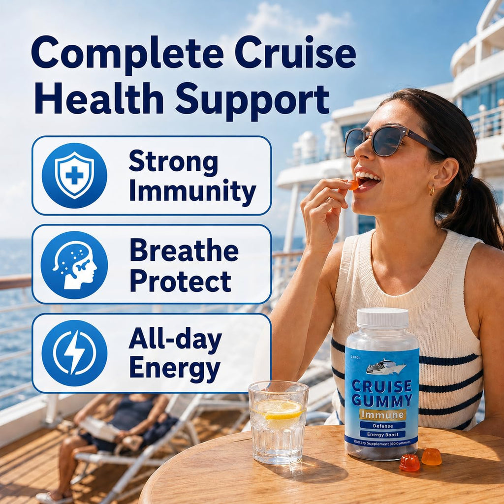 ZERBI Cruise Gummies, Immune Support, Travel Immunity Defense & Energy, with Vitamin C, Zinc, Elderberry, 60 Chewable Gummies