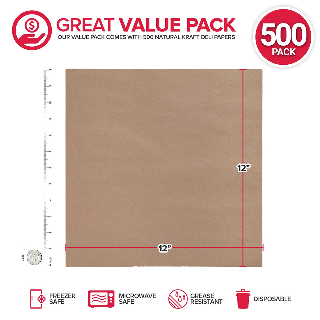 Stock Your Home 12 x 12 Grease Proof Deli Wrappers (500 Pack) - Pre Cut Natural Wax Paper Sheets - Recyclable Food Basket Liners -Kraft Deli Squares For Sandwiches, Lining Wire Food Baskets, Food Tray