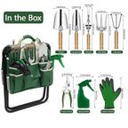 HoHaing Garden Tool Set, 10 Piece Kit with Heavy Duty Folding Stool, Detachable Storage Tote Bag, Stainless Steel Tools, Gifts for Women Men Green