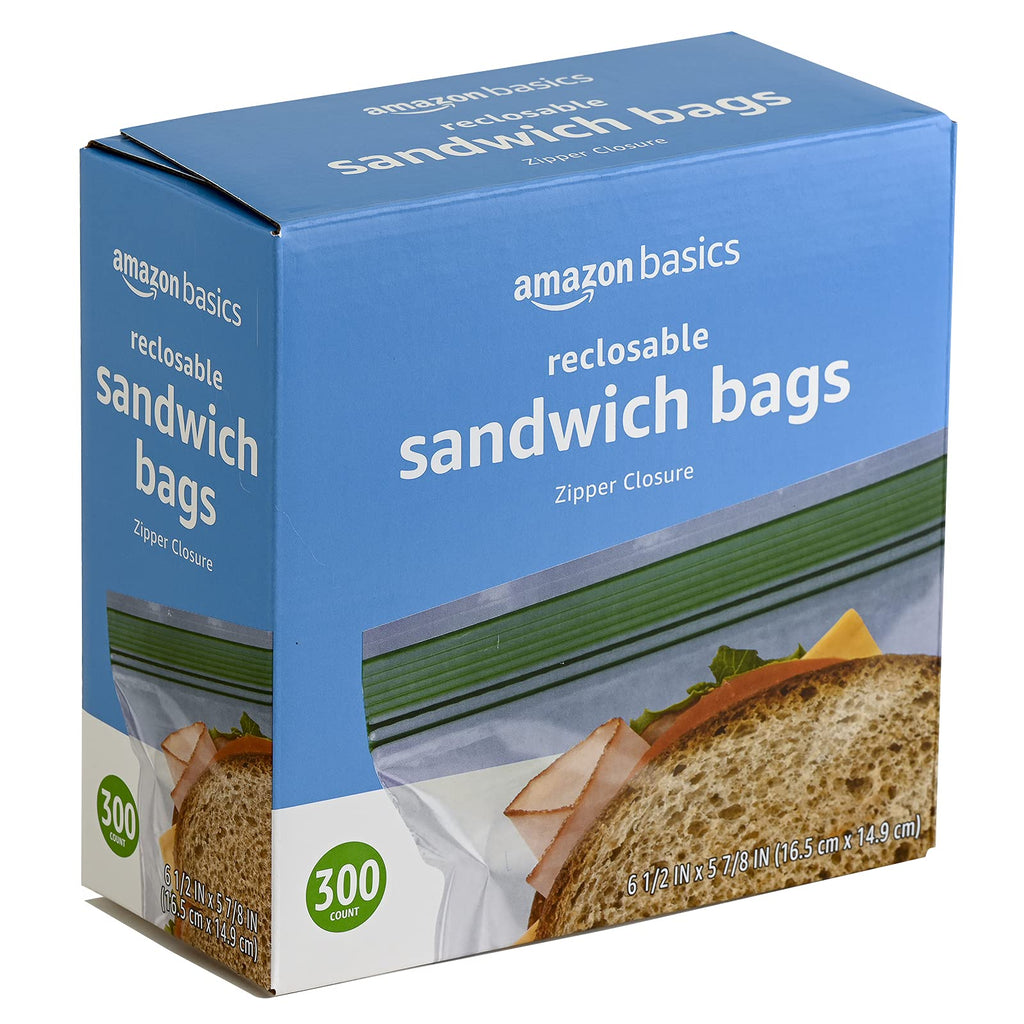 Amazon Basics Resealable Double Zipper Sandwich Storage Bags for Food Storage, 300 Count (Previously Solimo) (Pack of 2)