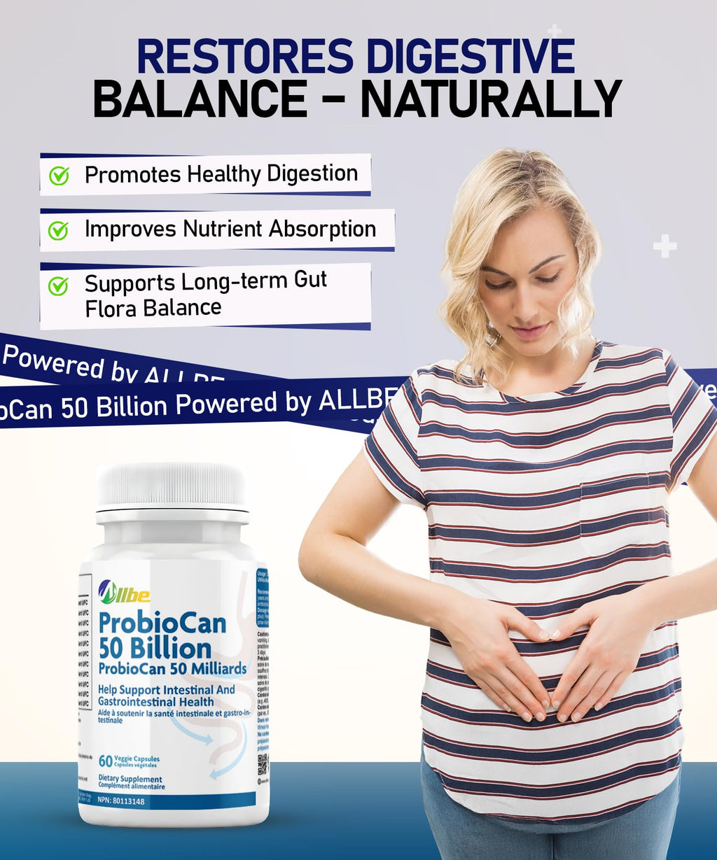 Allbe ProbioCan - Probiotic 50 Billion CFU (60 Servings), 11 Strains of Lactobacillus & Bifidobacteria, Supports Digestive Health & Immune Function, Probiotics for Women & Men - Pack of 1