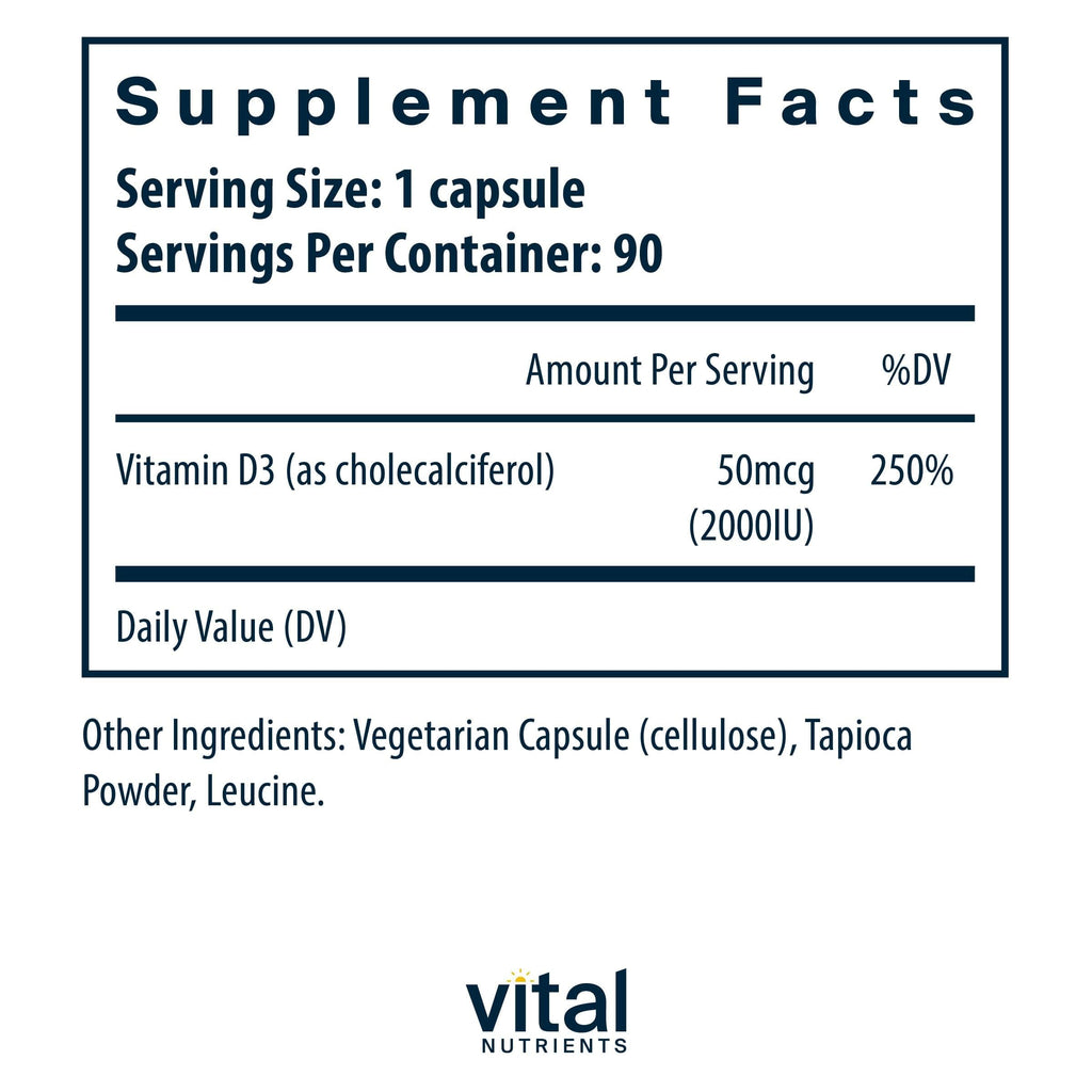 Vital Nutrients Vitamin D 2000 IU - Vitamin D3 Supplement - Healthy Bones, Teeth, Muscles*- Cellular & Immune Function - Calcium Absorption - Gluten, Dairy and Soy Free - 90 Capsules