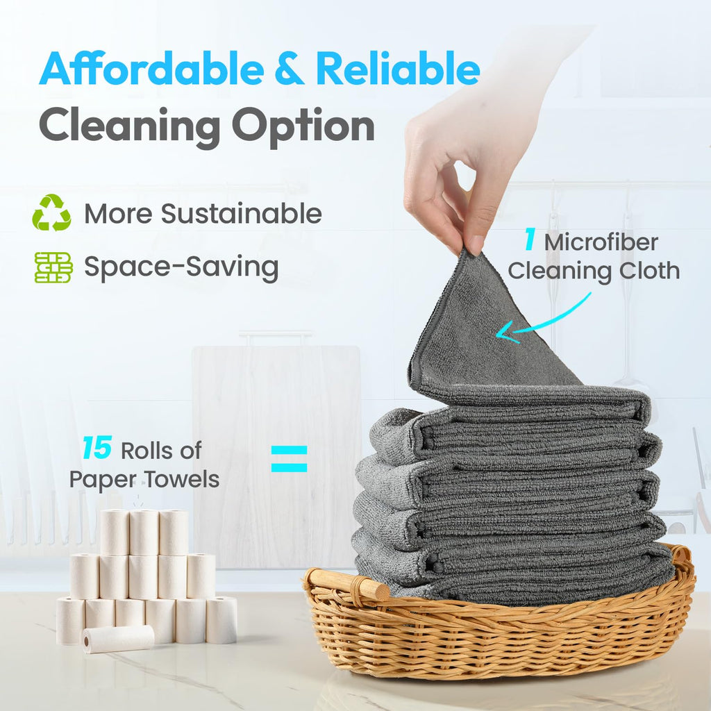 Tekswip Microfiber Cleaning Cloth 12"X12" 24 Pack Grey Lint Free Microfiber Towels for Cars-Extra Thick, Streak-Free, Fast Absorbent - Reusable Multi-Purpose Housekeeping Rags for Cars