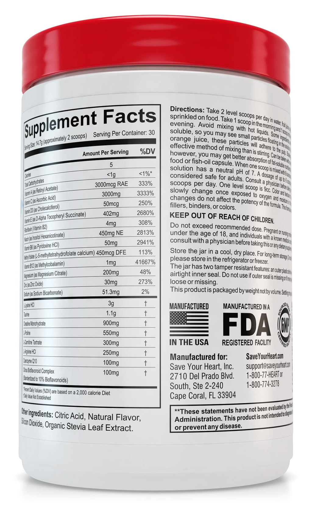 SAVE YOUR HEART Cardio Heart Health Powder Supplement - The Pauling Therapy Essentials Formula (PTEF) Healthy Vitamin C, B-12, L-Lysine, L-Arginine, Magnesium, Zinc + Vitamins, Minerals & Antioxidants