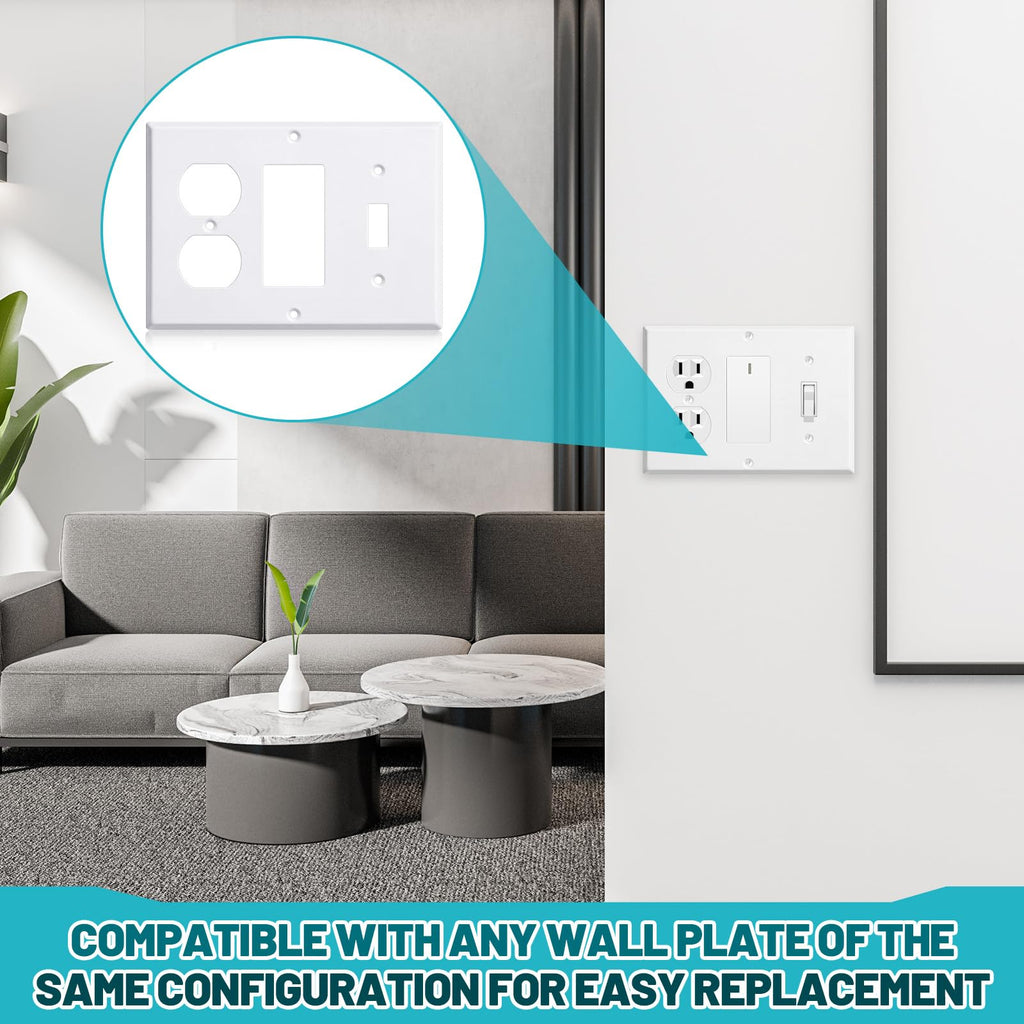 Kingdder 1 Pcs 3-gang 1-toggle 1-decorator 1-duplex Wall Plate Standard Size Stainless Steel White Light Switch Plate Gloss Finish 4.50" x 6.38" Corrosion-resistant Gfci Outlet Receptacle