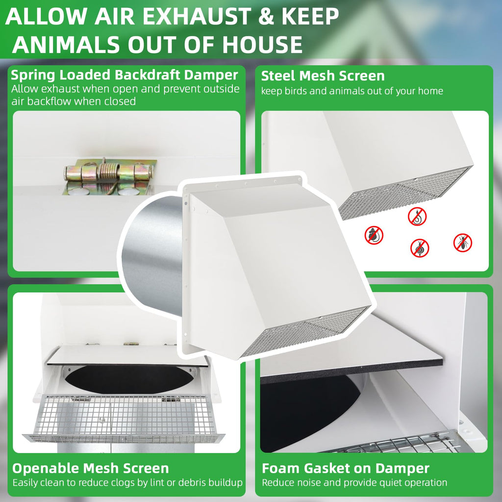 8 Inch Hooded Wall Vent with Screen and Damper,Outdoor Wall Exhaust Vent Cover Wall Cap for Exterior Kitchen Range Hood Ventilation Dryer HVAC Duct Air Exhaust, Galvanized Steel, White