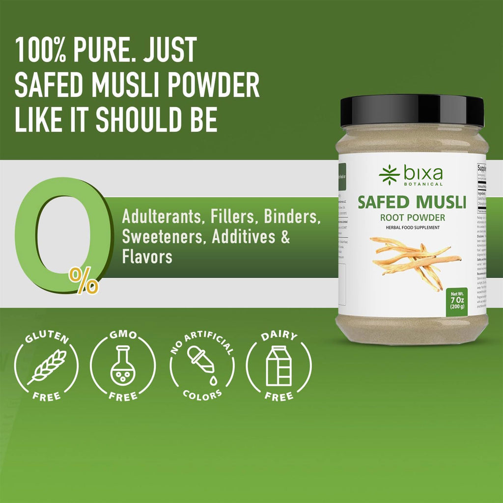 bixa BOTANICAL | Safed Musli Powder | Chlorophytum Borivilianum | Steam Treated Ayurvedic Root | Vegan | Non GMO | Clean Label | Strength and Vitality Support | 7 oz 200 g