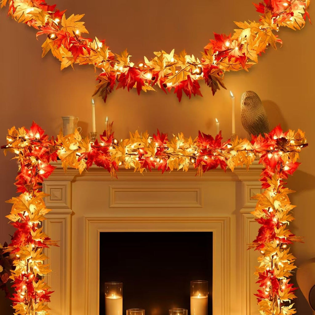 Fall Decorations for Home 9Ft Plug in Fall Garland with Lights Lush and Thicker Large Leaves, 50 Orange Bulbs Prelit Connectable UL Certified Fall Lights for Autumn Thanksgiving Halloween Decorations