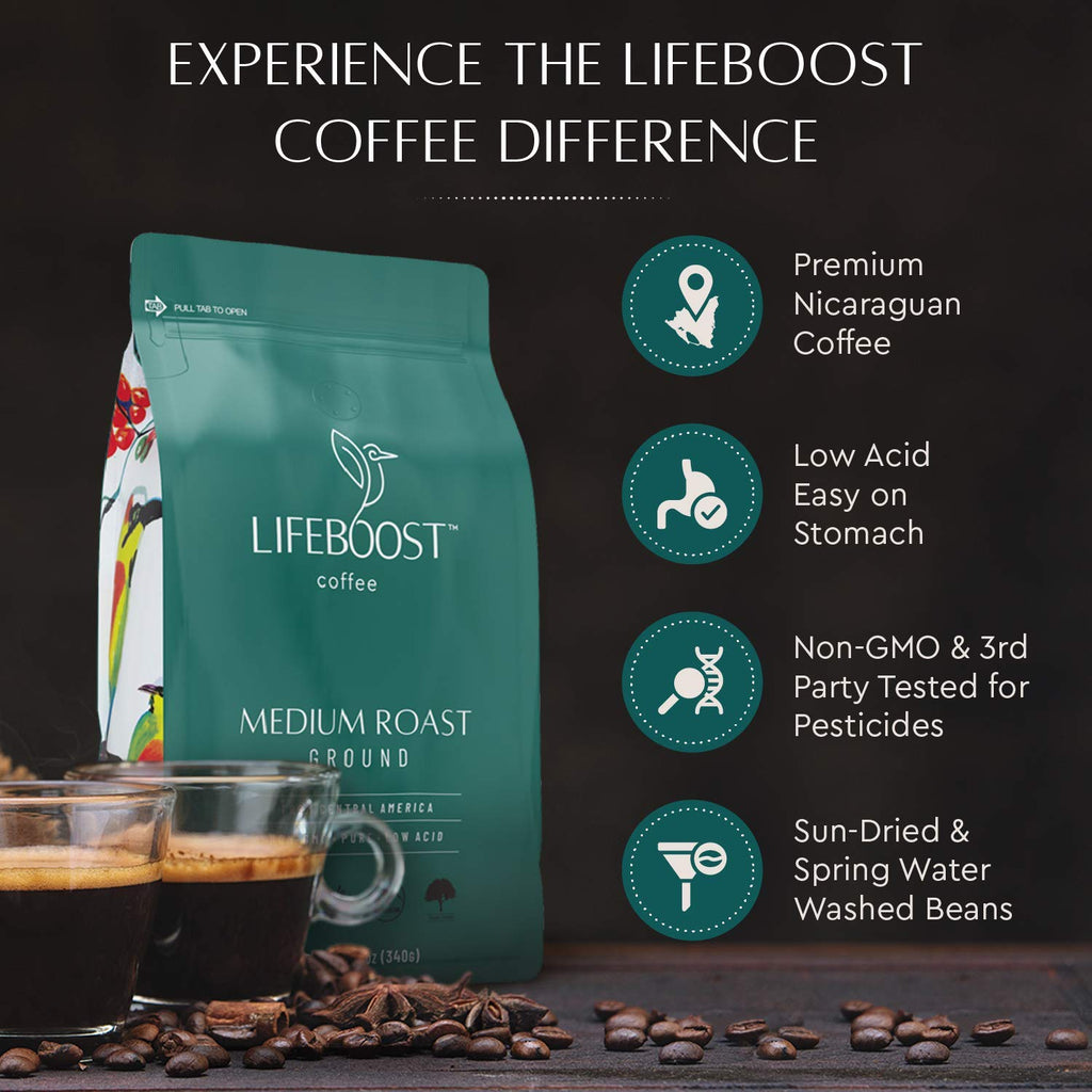 Lifeboost Medium Roast Low Acid Ground Coffee, Certified Organic, 12oz