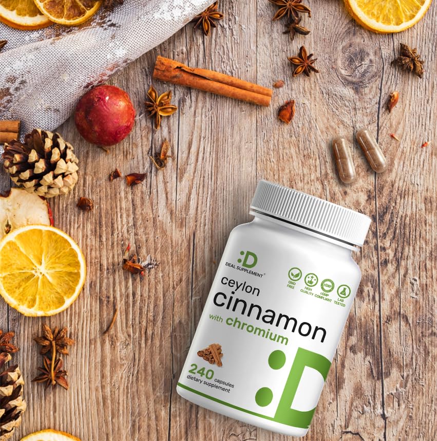 Ceylon Cinnamon with Chromium 1000mcg, 240 Capsules | Active Inner Bark Extract, True Sri Lanka Source | Natural Cinnamon Supplements