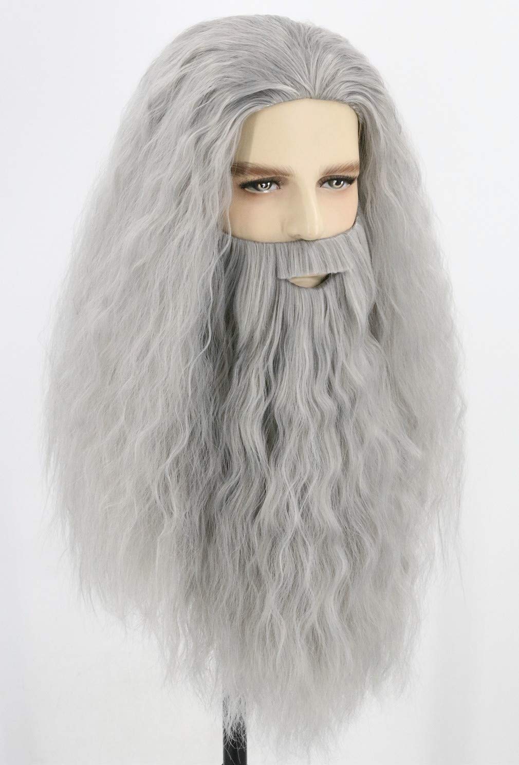 Topcosplay Men Wigs and Beard Set Long Gray Cosplay Halloween Costume Party Wizard Wig