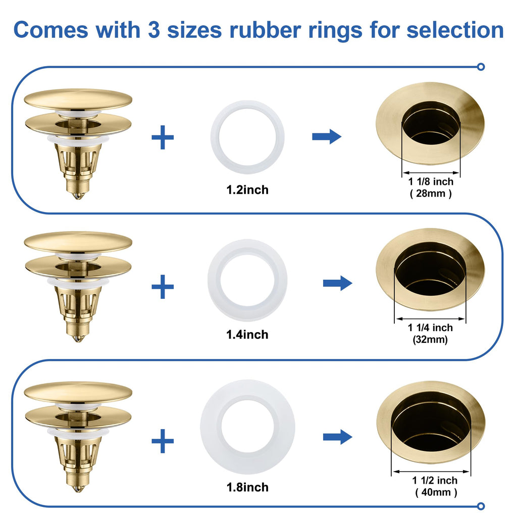 PerPaiMe Universal Bathroom Sink Stopper - Pop Up Sink Drain Stopper, Push Button Flixfilter Sink Drain Stopper Replacement, Wash Basin Drain Filter Plug Anti-Clogging Basket, Brushed Gold