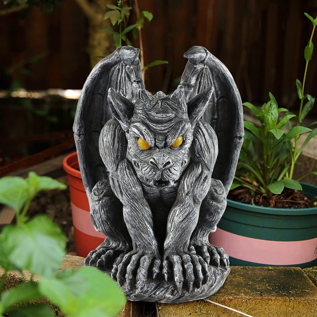 MIBUNG Large Winged Gargoyle Statue with Solar Lights Outdoor Decor, Sitting Gargoyle Monster Dragon Garden Guardian Gothic Creep Scary Sculpture, Patio Yard Lawn Decorations, Valentine's Day Gift
