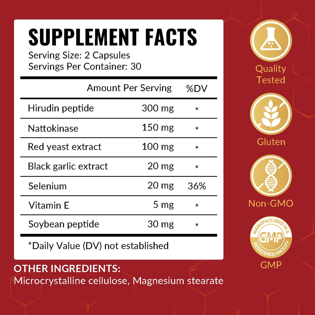 Risabou 2 Bottles Hirudin Peptide 300mg, Nattokinase 150mg with Red Yeast Extract, Black Garlic Extract, Selenium, Vitamin E, Soybean Peptide 7 in 1 Formula丨120 Capsules