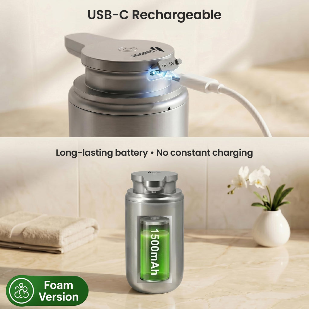 GentleJet WaveJet Automatic Foaming Soap Dispenser Touchless Sensor, USB-C Rechargeable, 304 Stainless Steel, IPX5 Waterproof for Bathroom Kitchen Sink, 12 oz / 350 ml