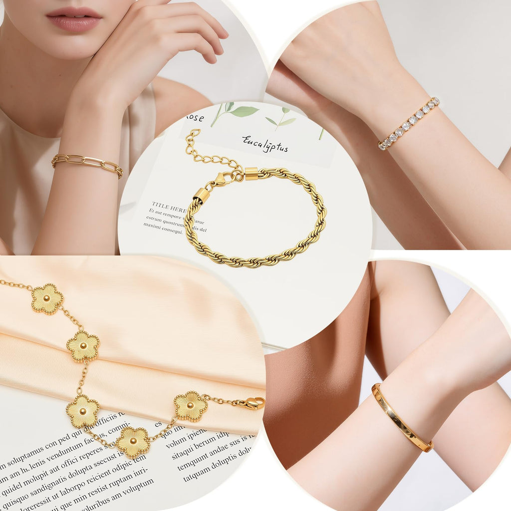 Gold Bracelets Set for Women Non Tarnish Waterproof 18K Gold Plated Lucky Floral Tennis Chunky Cuff Bracelet Tie Cuban Rope Paperclip Bracelet Stackable Trendy Fashion Accessories Stack Jewelry Gifts 5Pcs for Mothers Day Birthday(Gold)