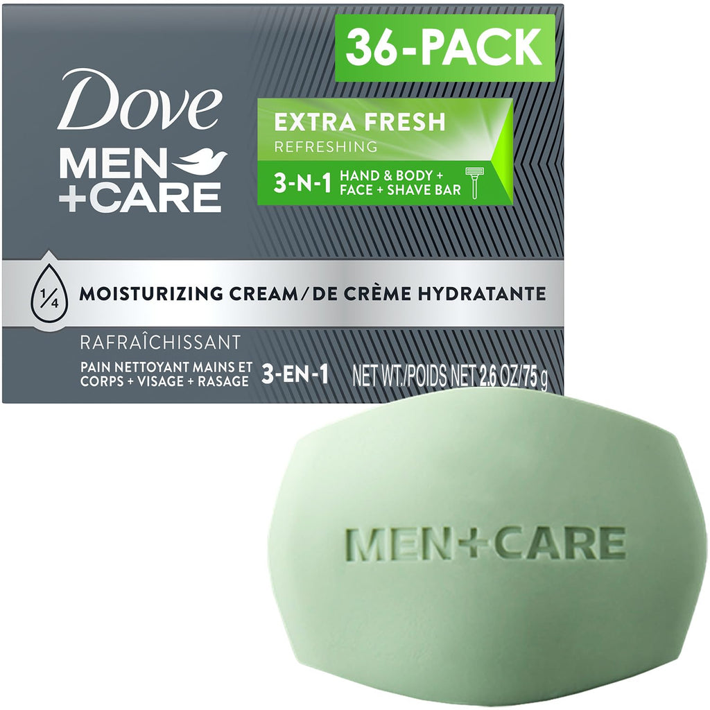 Dove Men+Care Soap Bar, Extra Fresh Scent 36-Pack – Hydrating 3-in-1 Body, Hand, and Face Cleanser for Men, 2.6 Oz Ea
