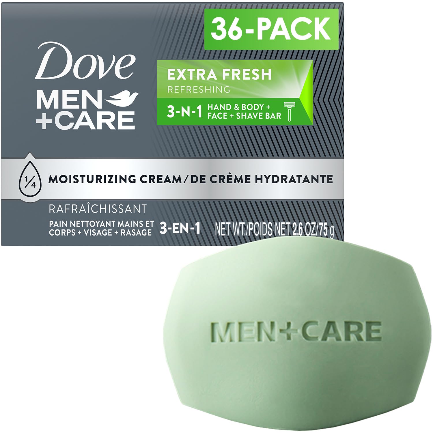 Dove Men+Care Soap Bar, Extra Fresh Scent 36-Pack – Hydrating 3-in-1 Body, Hand, and Face Cleanser for Men, 2.6 Oz Ea