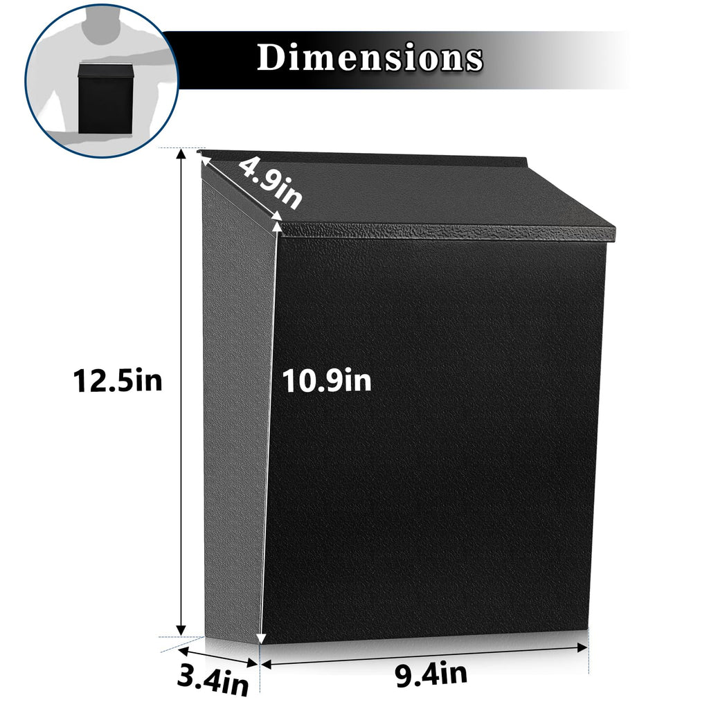 KYODOLED Convenient and Durable Wall Mount Mailbox for Outside, Easy Installation, Ample Storage Space to Accommodate Standard-Sized Letter, Magazine, Check, Black, Drop Box for Home or Apartment