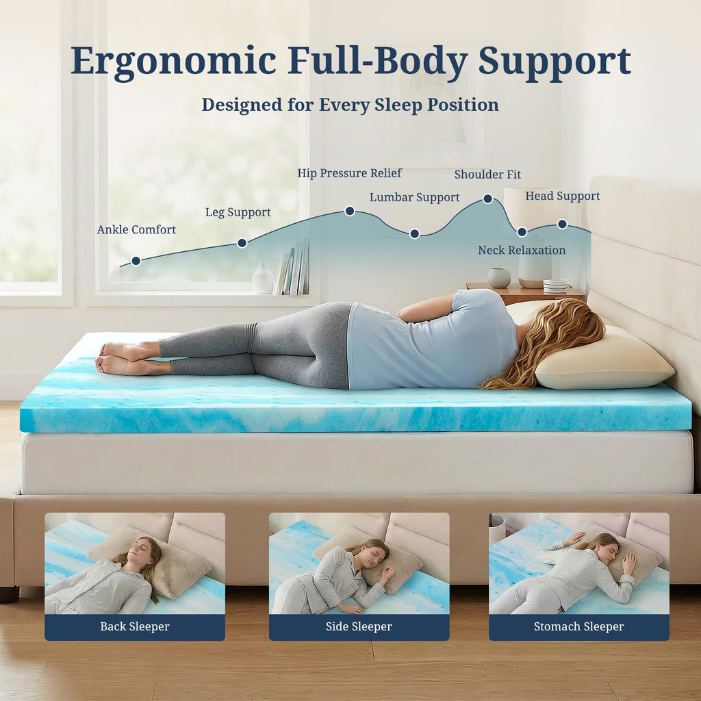 Mattress Topper Queen, 3 Inch Gel Memory Foam Bed Topper for Queen Size Bed, CertiPUR-US Certified, Blue