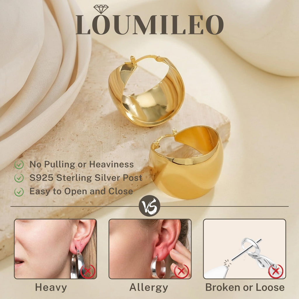LOUMILEO 24MM Wide Thick Gold Hoop Earrings for Women Lightweight 30MM