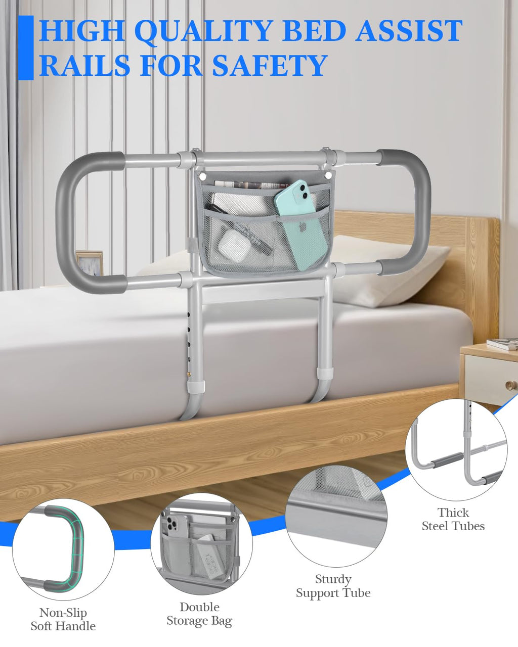 Bed Rails for Elderly Adults Safety, Extended Bed Assist Rail for Seniors with Motion Sensor Light - Adjustable Side Bed Guard Rails Handle Support Bar with Storage Bag, Fit King Queen Full Twin Beds