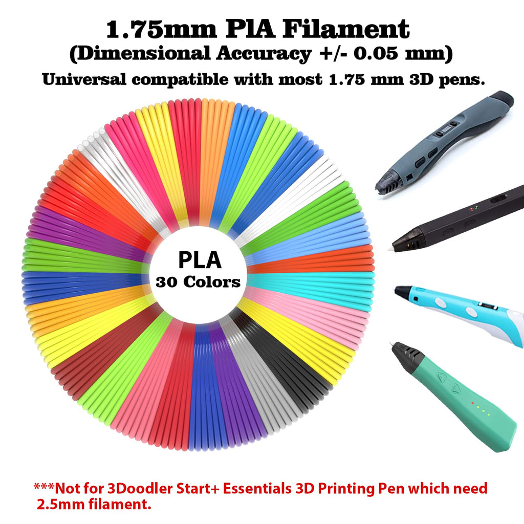 dikale 3D Pen Filament Refills 30 Colors, Bonus 250 Stencils eBooks - 3D Pen Filament PLA 1.75mm,Non-Toxic, Smooth Printing Refills