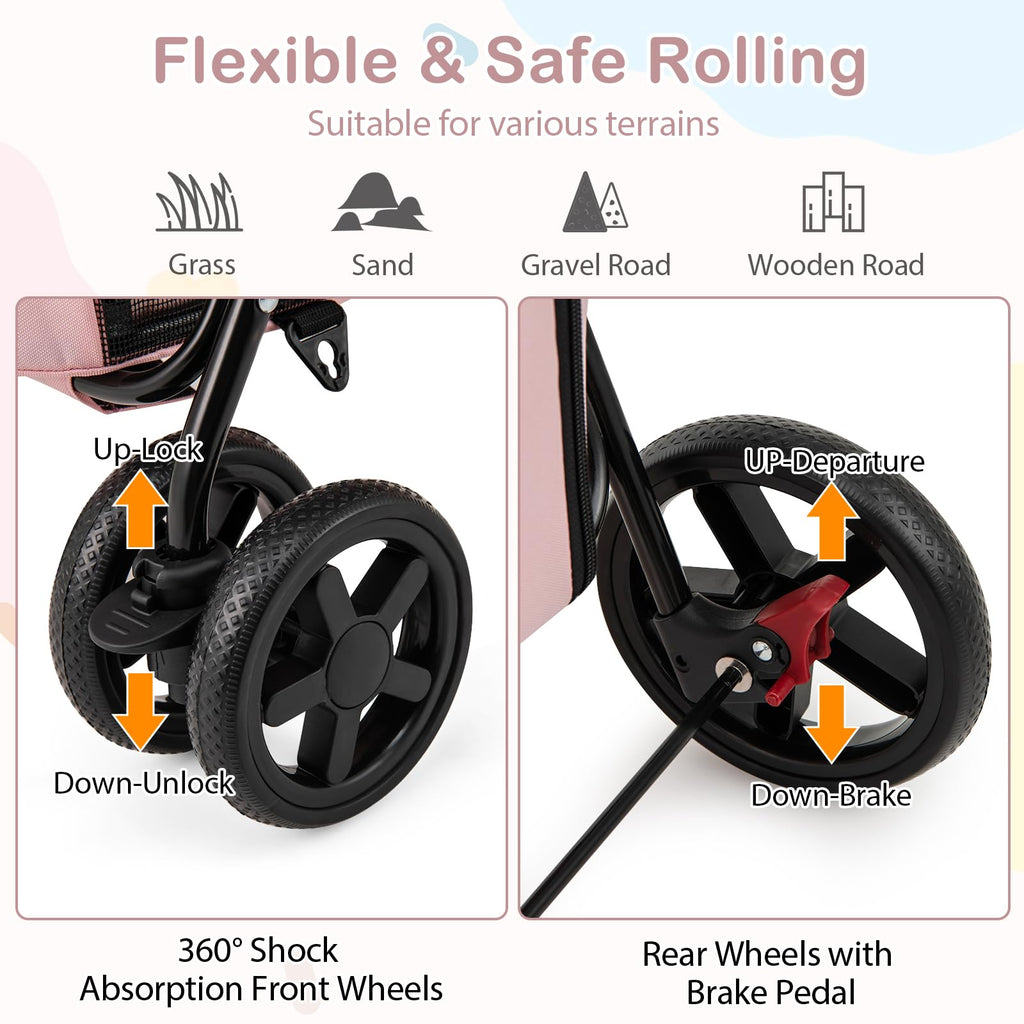 Giantex Double Pet Stroller with 2 Detachable Carrier Bags, Safety Belt, 4 Lockable Wheels, Folding Cat & Dog Stroller for Small Medium Pets, Cats Dogs Puppy Travel Strolling Cart (Pink)