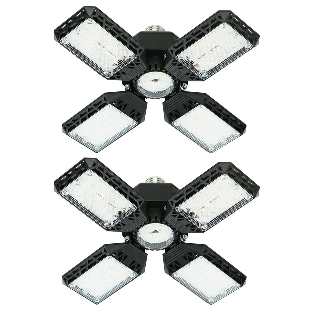 QiyuanLS 2-Pack LED Garage Light, 150W Deformable LED Ceiling Lights, 15000LM Garage Lighting with 4 Adjustable Panels, E26/E27 Shop Lights for Basement, Workshop, Attic