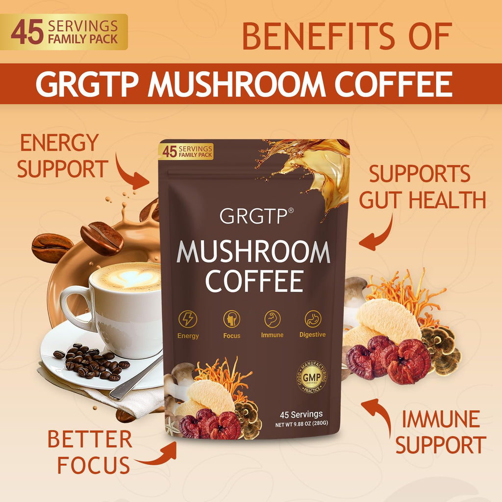 GRGTP Mushroom Coffee - Superfood Blend with 6 Adaptogens Jitter-Free Energy, Enhanced Focus, Digestion & Immunity Support | 90 Servings, Vegan, Gluten Free, Non-GMO | Smooth Flavor