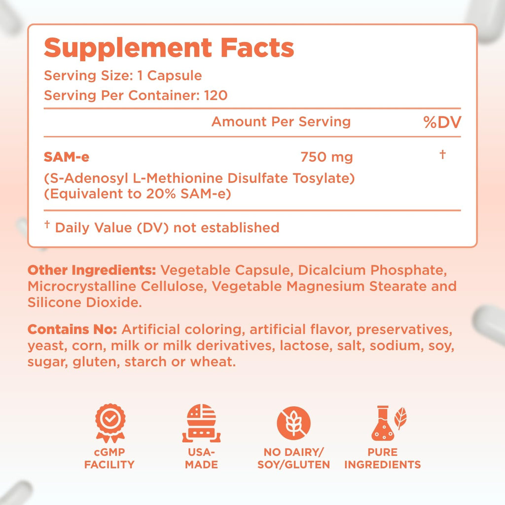 Bioactive SAM-e 750mg - High Strength SAM-e Supplement with Biologically Active S,S Form for Liver and Mood Support - Vegan Non-GMO Preservative Free - Made in The US (120 Capsules)