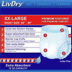 LivDry 2XL Overnight Adult Diapers for Women and Men, XXL Incontinence Underwear, 60”-80" Waist, Disposable Pull-On Briefs, XX-Large, 48 Pack