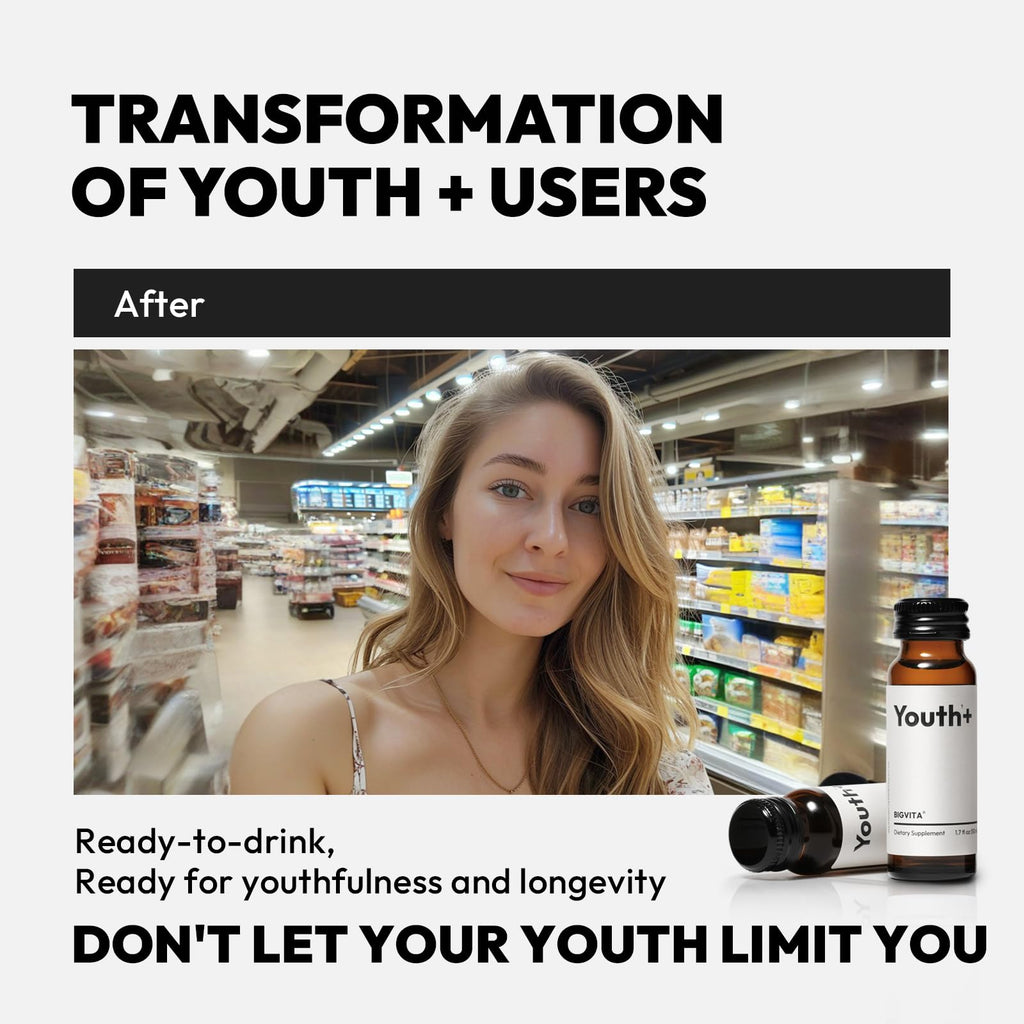 BIGVITA Youth+ | NAD+, Spermidine, and Ergothioneine Shots for Anti-Aging, Energy, Skin & Hair Health, Cognitive Support | Ready-to-Drink Supplement | Beauty from Within | Vegan, Made in USA